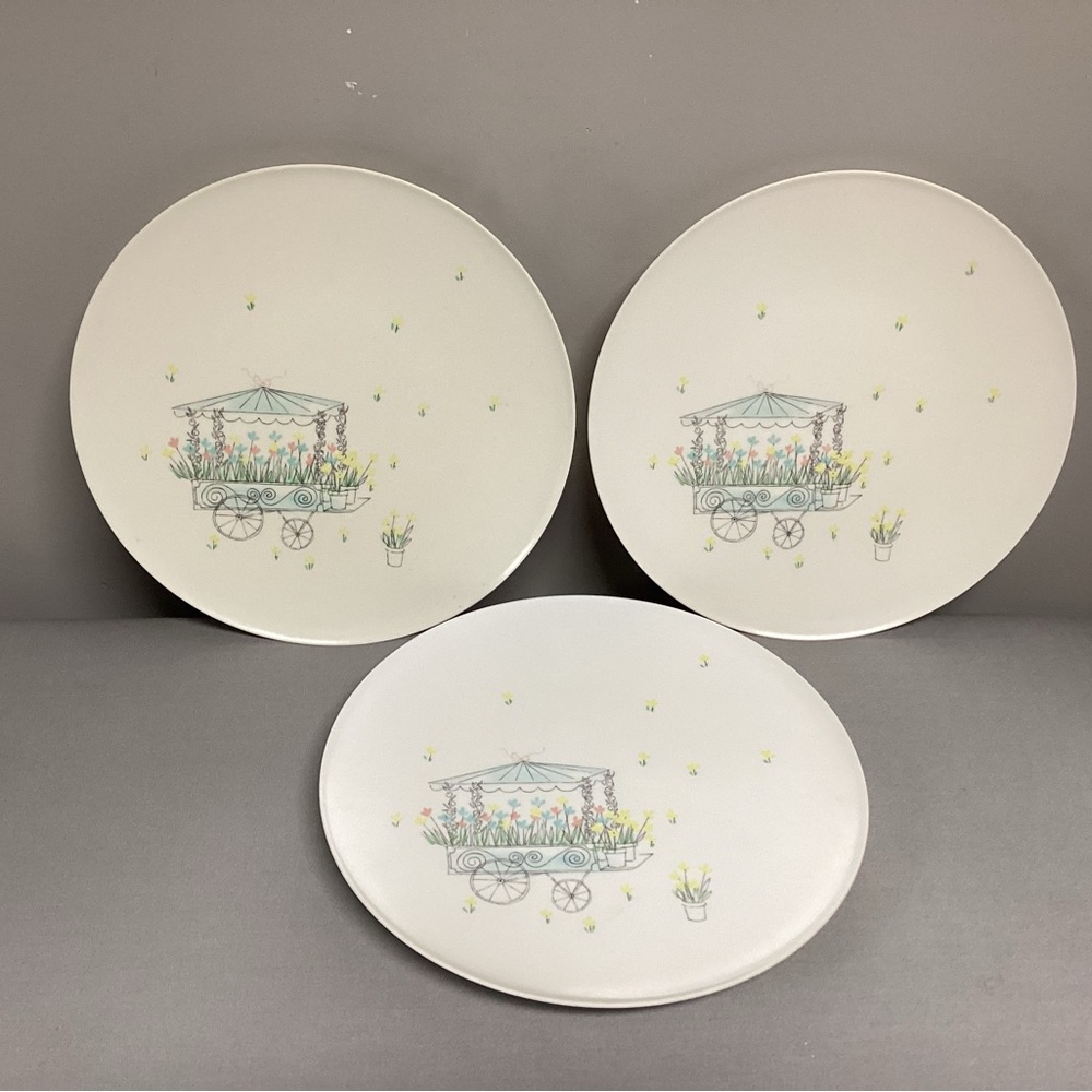 🔵 Vintage MCM Lucent Dinnerware - 3 Dinner Plates - Melamine - Flower Cart - Picture 2 of 13